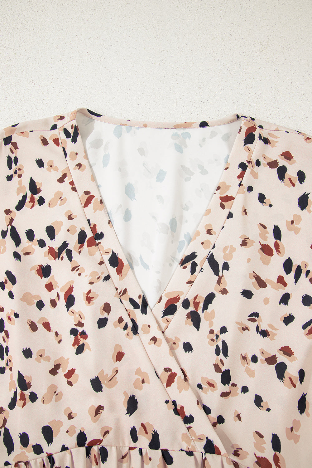 Beige Abstract Print Surplice V Neck Cuffed Sleeve Empire Waist Plus Size Dress