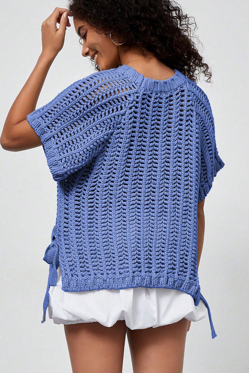 Ashleigh Blue Plus Size Open Knit Bow Tie Short Sleeve Sweater